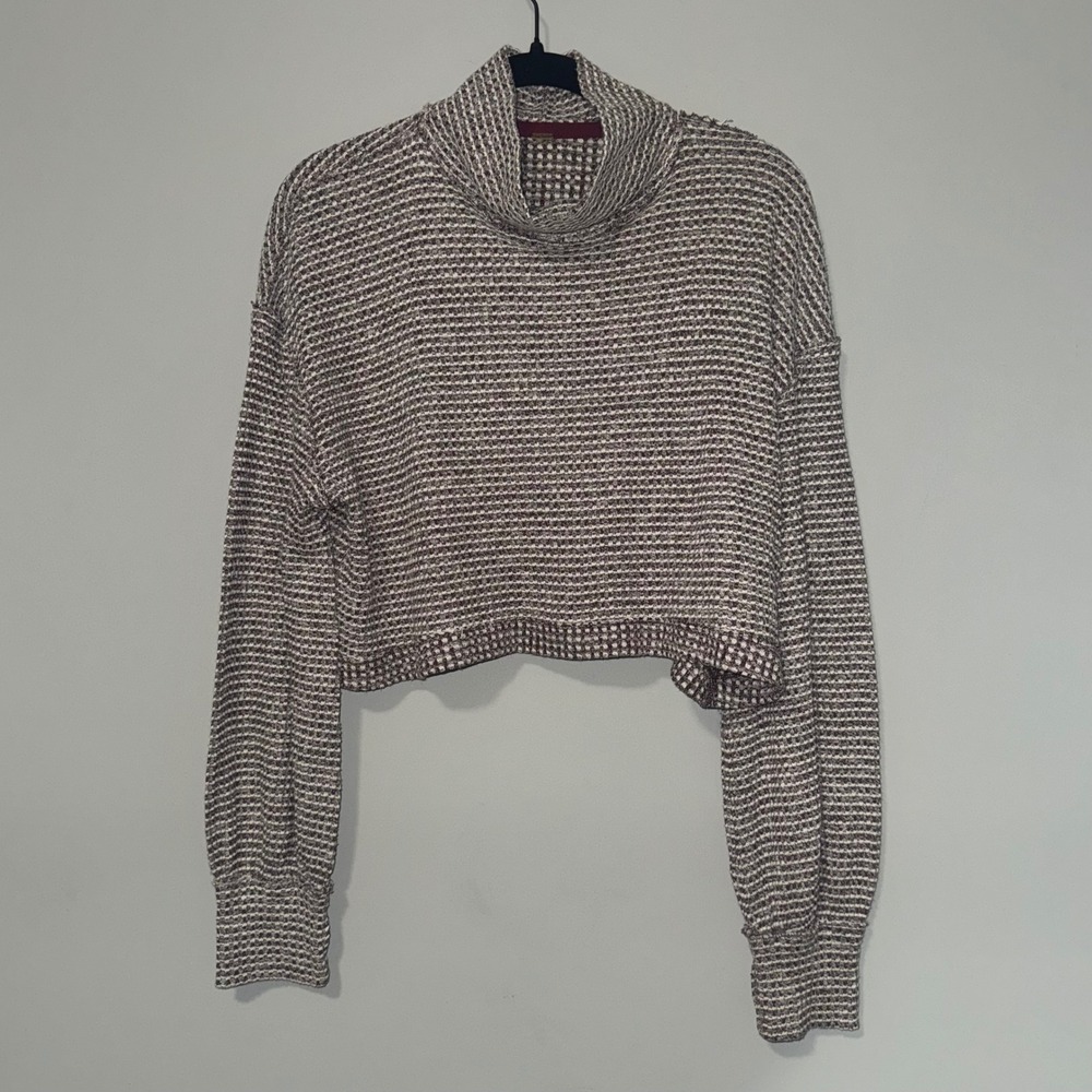 Free People Mock Neck Cropped Sweater Burgundy Cream‎ Waffle Knit Striped Boho
